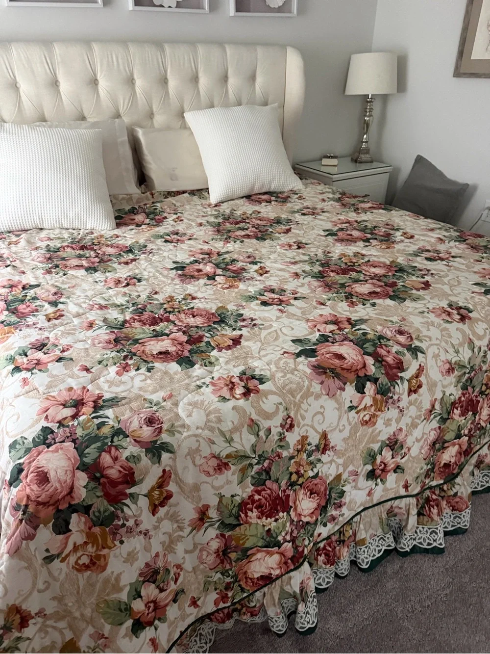 Floral Quilted Bedspread Garden Pink Red Cream Cal King Country Farmhouse